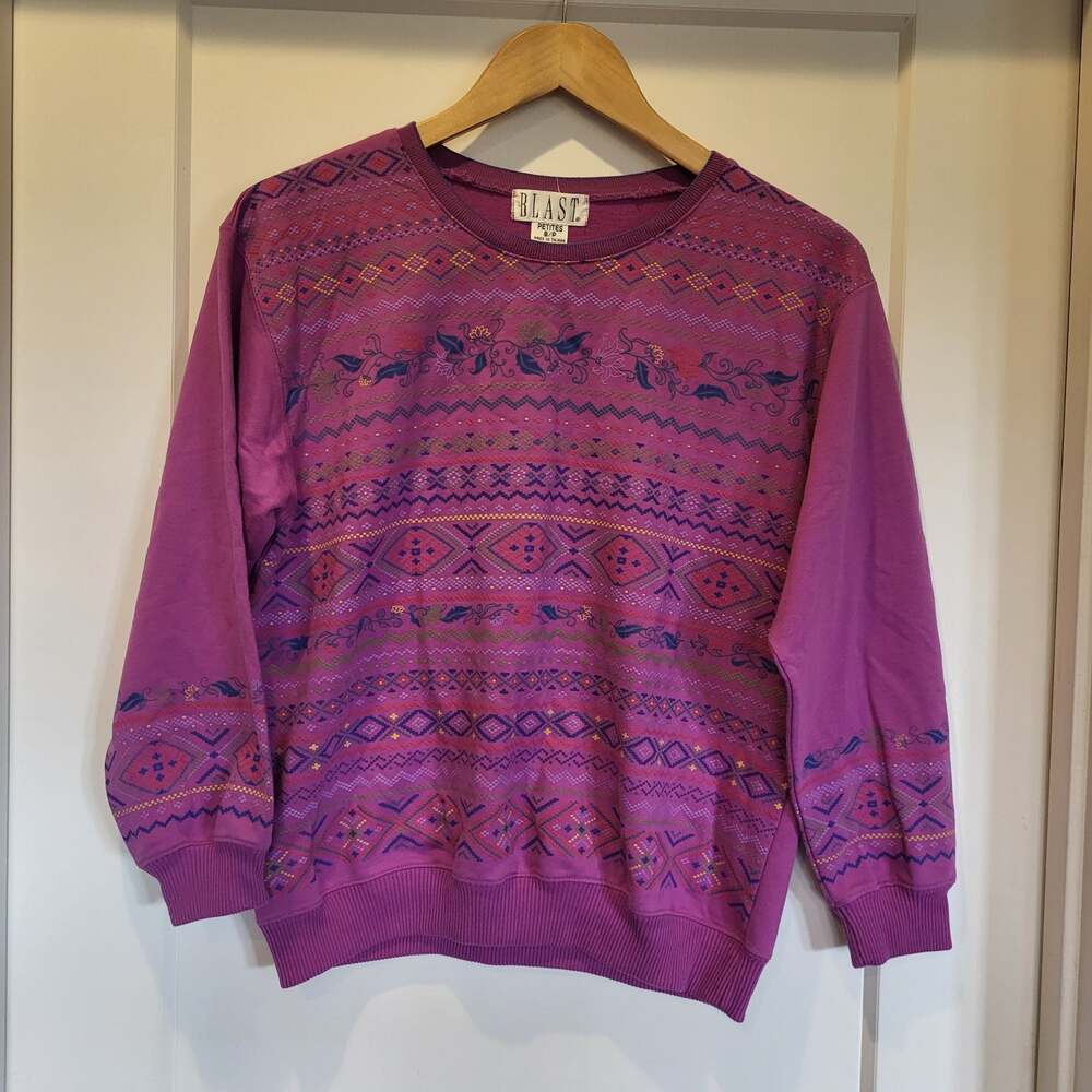 Grandmacore Blast Vintage 90s Southwest Geometric Print Purple Crewneck Sweatshi